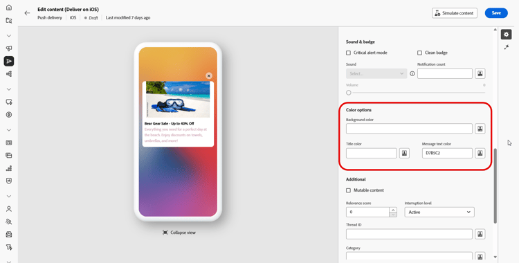 Pantalla de opciones de color