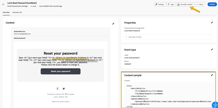Captura de pantalla que muestra la verificación de las rutas de personalización en el contenido del mensaje