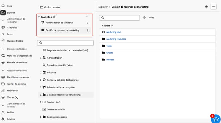 Captura de pantalla de la ubicación de carpetas favoritas