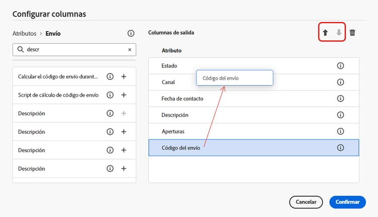 La captura de pantalla muestra cómo reordenar columnas de lista mediante los botones de arrastrar y soltar o de flecha.