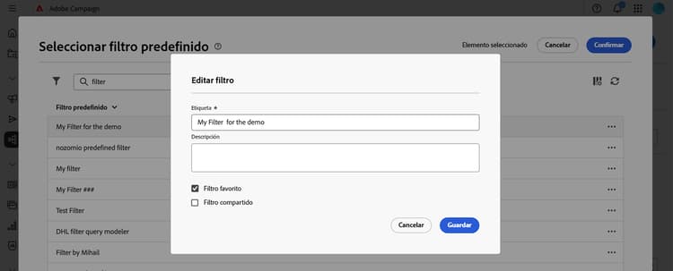 Edición de filtros predefinidos