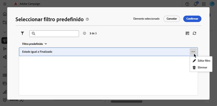 Interfaz de la lista de filtros predefinida