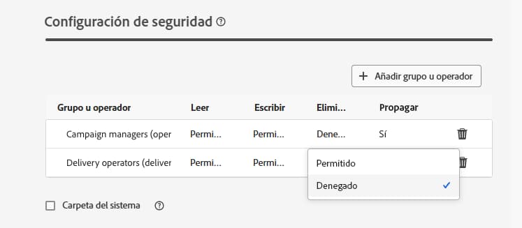Ejemplo de permisos denegados en la configuración de seguridad de carpetas