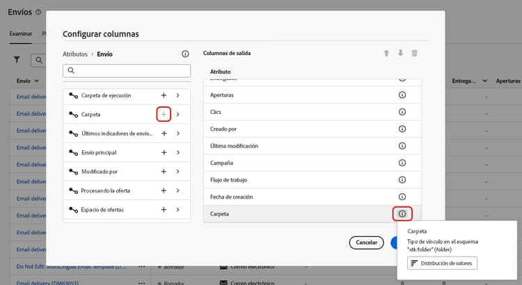 Distribución de valores de un vínculo en columnas de resultados