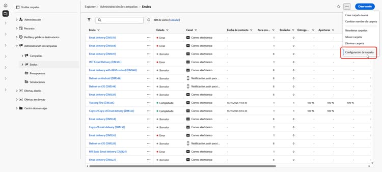 Ejemplo de configuración de carpetas en Adobe Campaign