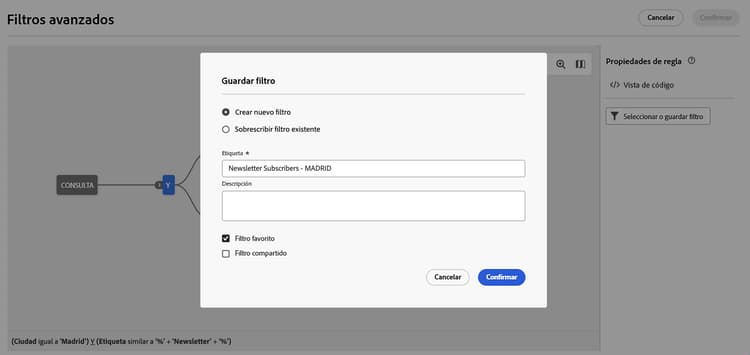 Guardar interfaz de detalles del filtro