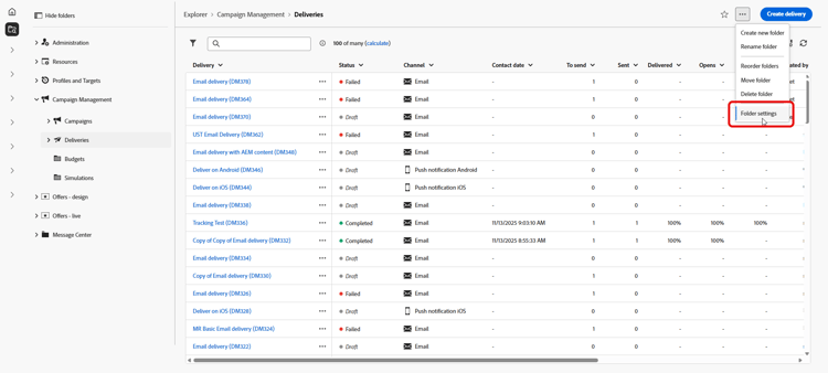 Ejemplo de configuración de carpetas en Adobe Campaign