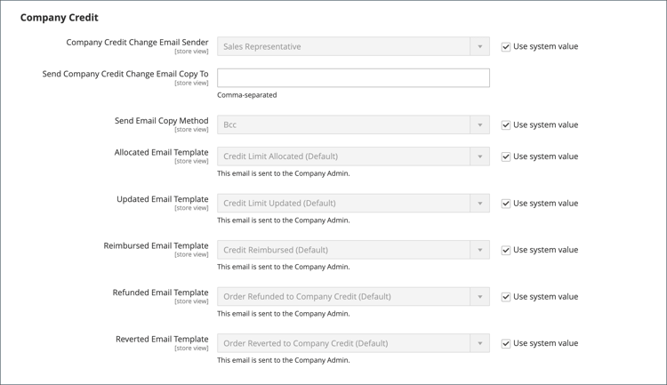 Configuración de clientes - correos electrónicos de crédito de la compañía