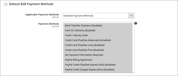 Configuración B2B - configuración predeterminada del método de pago