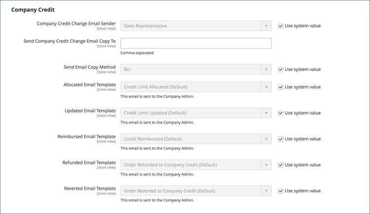 Configuración de clientes - correos electrónicos de crédito de la compañía