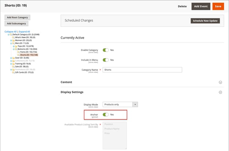 Configuración de visualización de categoría