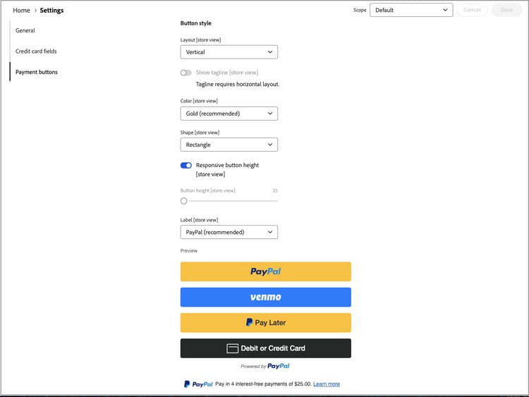 Configuración de estilo de botones de pago de PayPal