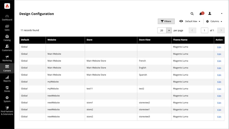 Página de configuración de diseño