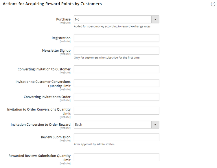 Configuración de clientes: acciones para adquirir puntos de recompensa por cliente
