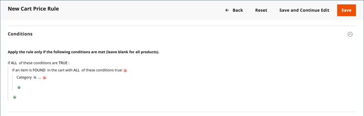 Condición de regla de precio del carro de compras: opciones de categoría