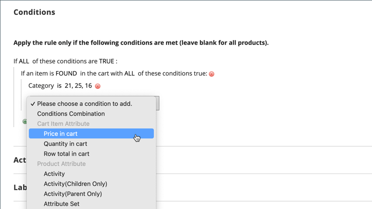 Condición de regla de precio de carro de compras: atributo de artículo de carro