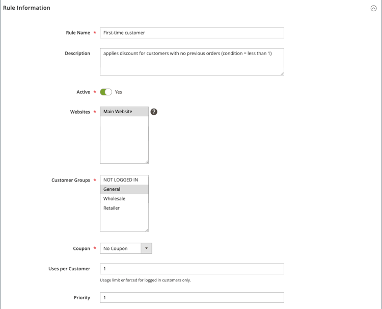 Información de regla de precio del carro de compras