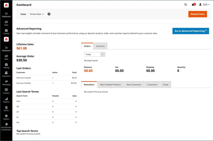 Vista de administrador de Commerce con la integración de Experience Cloud habilitada