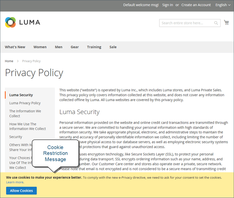 Ejemplo de tienda - aviso de restricción de cookies