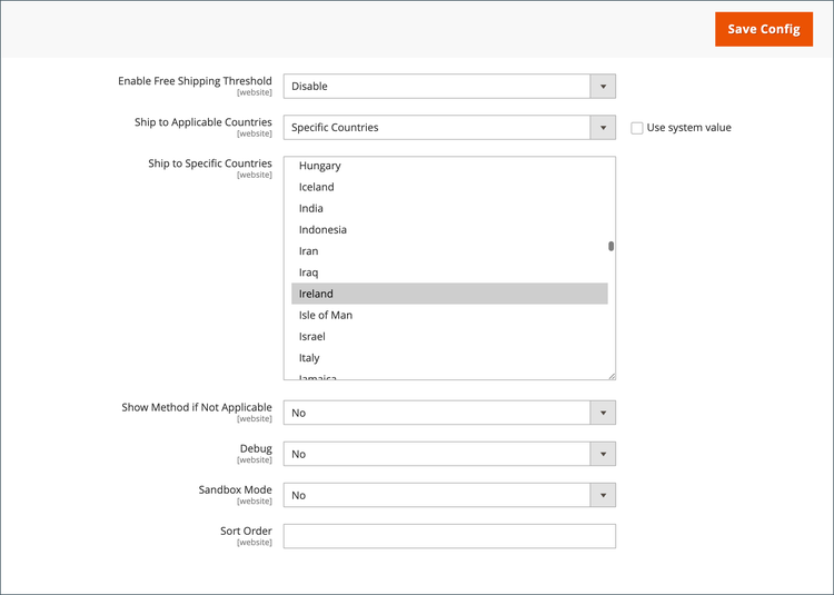 Ejemplo de configuración de las opciones de país para el método de entrega DHL