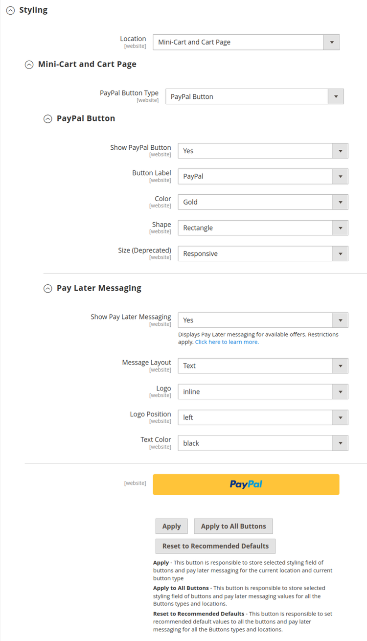Configuración de estilo de PayPal