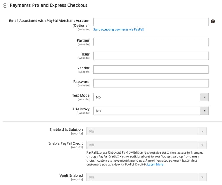 Configuración necesaria de PayPal Payments Pro