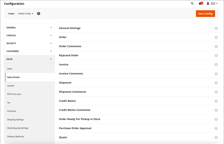 Configuración de ventas - correos electrónicos de ventas