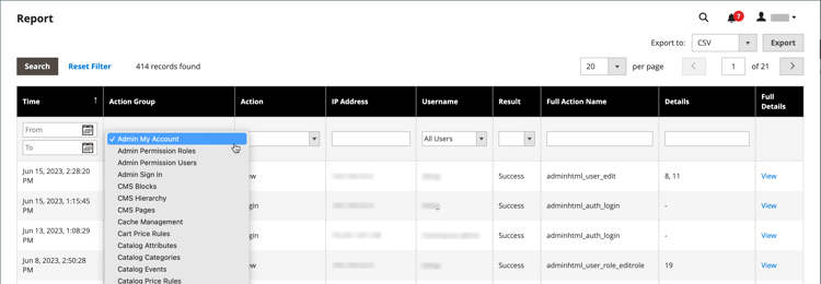 Filtros del informe de registro de acciones