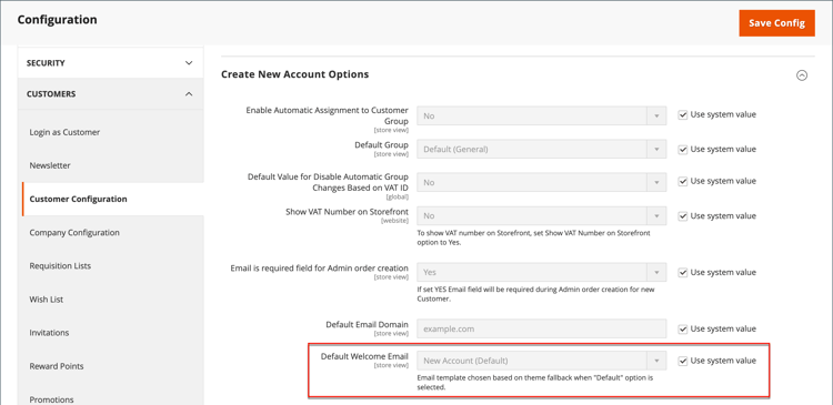 Configuración de clientes - plantilla de correo electrónico de bienvenida predeterminada