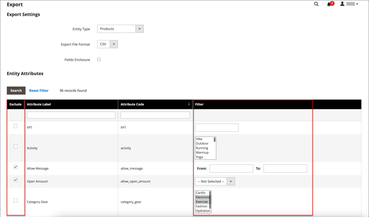 Criterios de exportación de datos