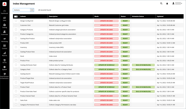 Administración de índices: acciones