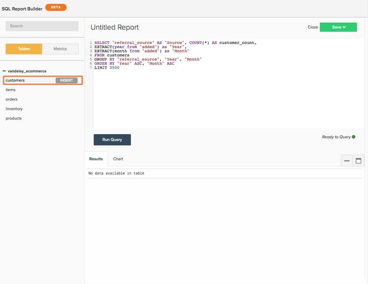 Insertando una tabla en el editor SQL.