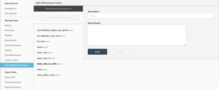 Sección de vistas de Data Warehouse que muestra configuraciones de vista personalizadas