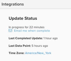 Página Administrar integraciones de datos que muestra detalles de conexión y estado de actualización