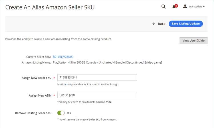 crear un SKU de vendedor de Amazon de alias