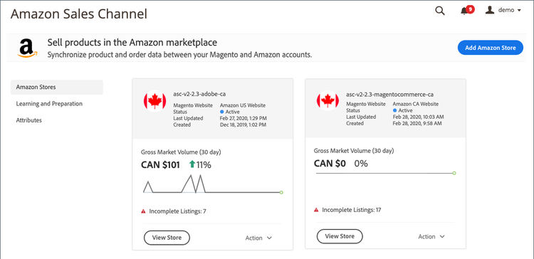 inicio del canal de ventas de Amazon con la nueva tarjeta de la tienda