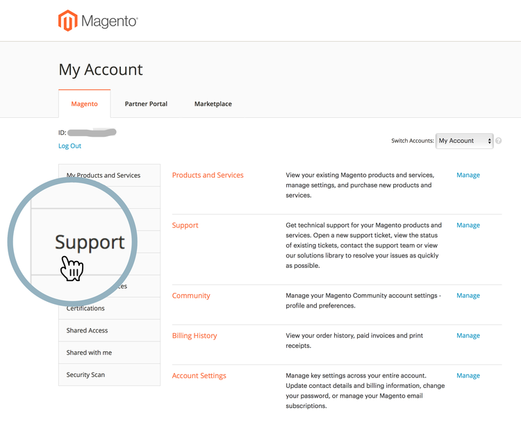 pestaña magento_account_support