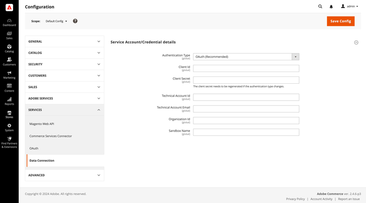 Data Connection configuración de administración