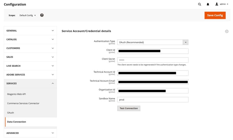 Data Connection configuración de administración