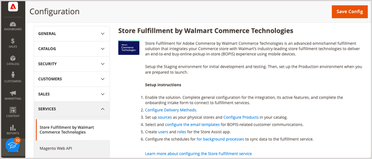 Store Fulfillment Service en la vista de administración