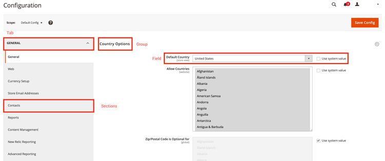Captura de pantalla que muestra una sección configurada en Admin.
