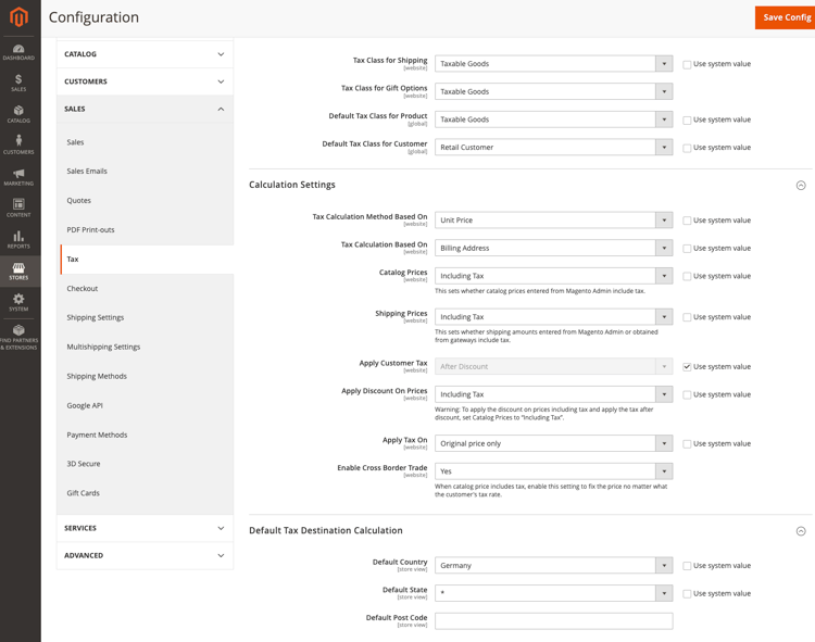 Página de configuración de impuestos que muestra opciones de comercio internacional y cálculos de tasas