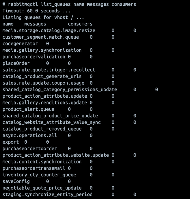 Salida CLI de RabbitMQ