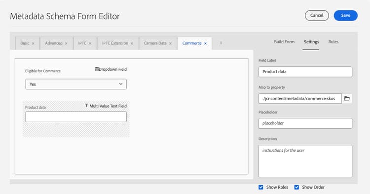 Ficha Commerce para el formulario de esquema de metadatos de AEM Assets