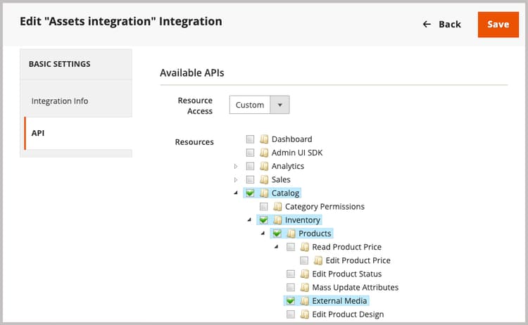 Configuración de integración de administración para recursos de API