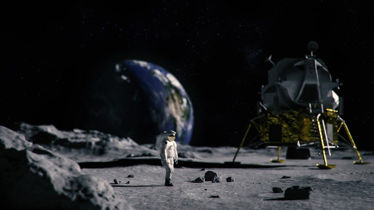Una escena en 3D en la luna donde la única fuente de iluminación es la luz solar
