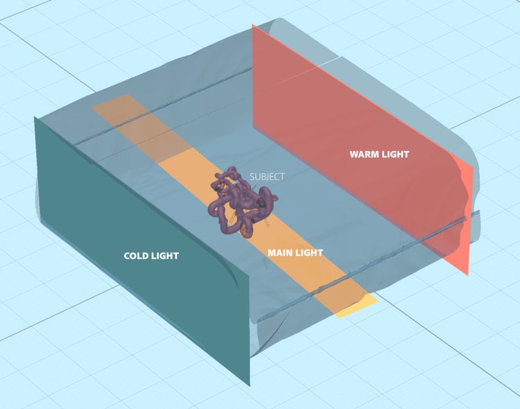 Ilustración que muestra la configuración de iluminación 3D para Pipe Dreams de Vladimir Petkovic