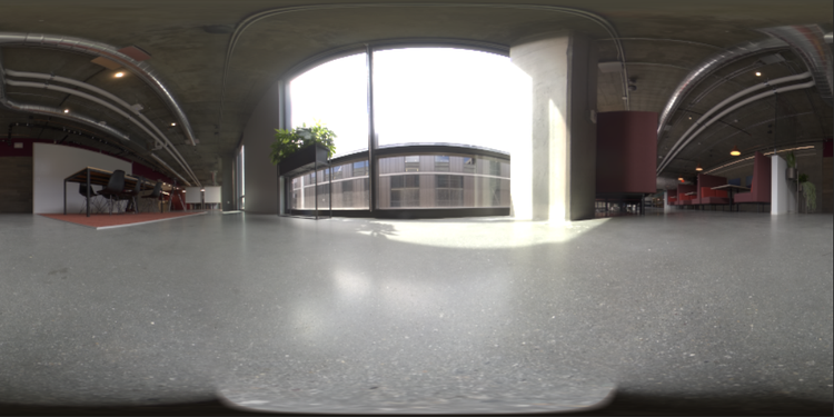 Panorámica HDR de 360 grados de un espacio de oficina con sombras visibles en el nadir