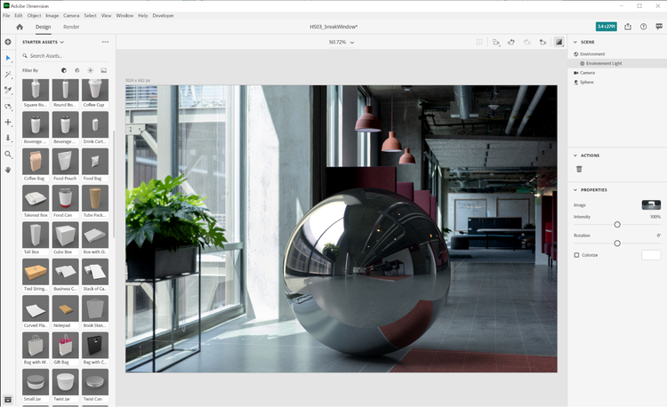 Una fotografía virtual fotorrealista de una esfera metálica se compone sobre una imagen de fondo del espacio de oficina