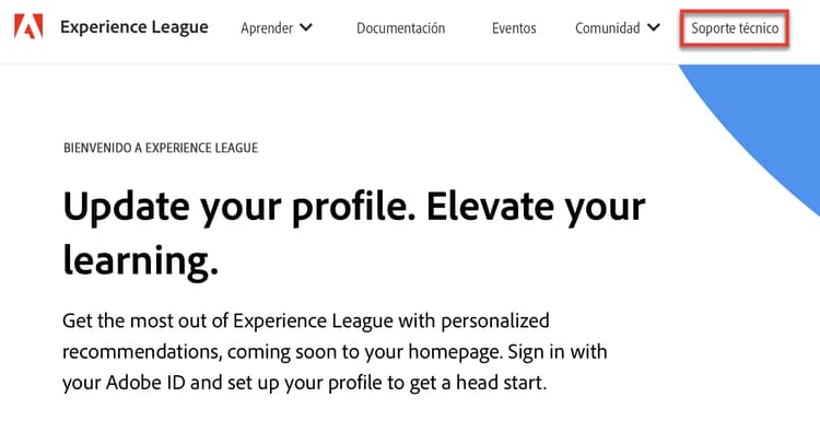 Pestaña de soporte técnico de Experience League